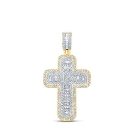 10kt Yellow Gold Baguette and Round Diamond Cross Pendant - 3/4 Ct.t.w. - Splendid Jewellery