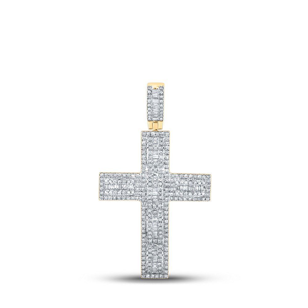 10kt Yellow Gold Baguette and Round Diamond Cross Pendant - 7/8 Ct.t.w. - Splendid Jewellery