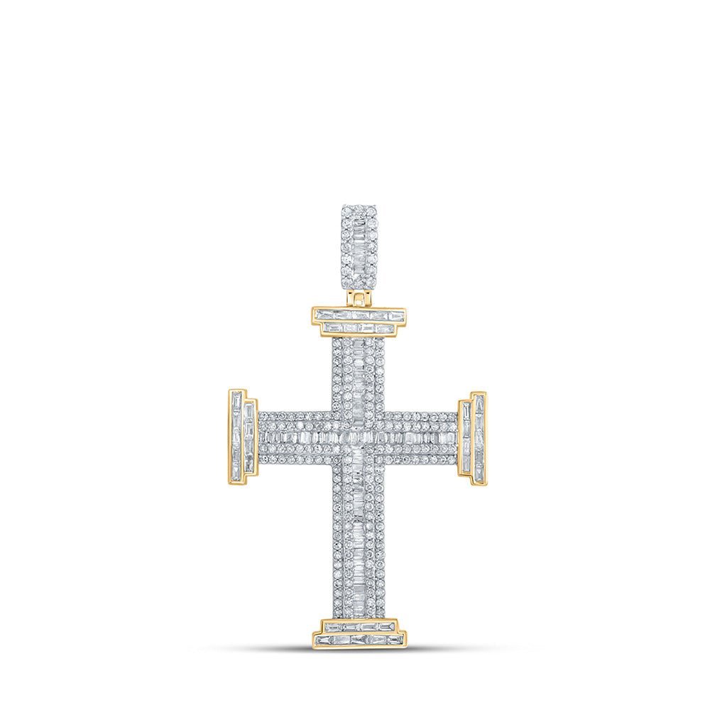 10kt Yellow Gold Baguette and Round Diamond Cross Pendant for Men - 1 - 3/4 Cttw - Splendid Jewellery
