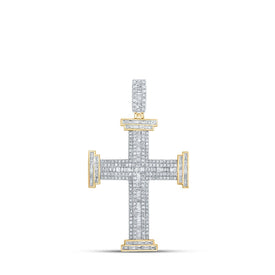 10kt Yellow Gold Baguette and Round Diamond Cross Pendant for Men - 1 - 3/4 Cttw - Splendid Jewellery