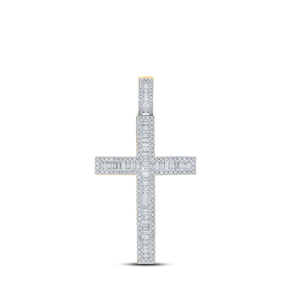 10kt Yellow Gold Baguette and Round Diamond Cross Pendant for Men - 2 - 1/2 Cttw - Splendid Jewellery