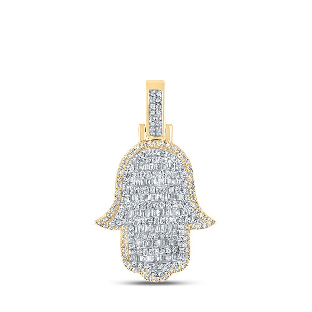 10kt Yellow Gold Baguette and Round Diamond Hamsa Charm Pendant for Men - 7/8 Ct.t.w. - Splendid Jewellery