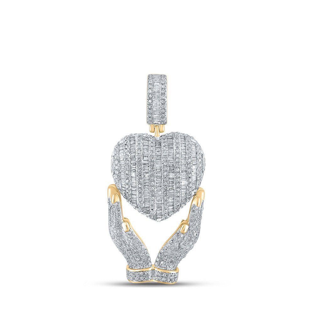 10kt Yellow Gold Baguette and Round Diamond Heart Hands Charm Pendant - 1 - 3/4 Cttw - Splendid Jewellery