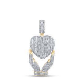 10kt Yellow Gold Baguette and Round Diamond Heart Hands Charm Pendant - 1 - 3/4 Cttw - Splendid Jewellery