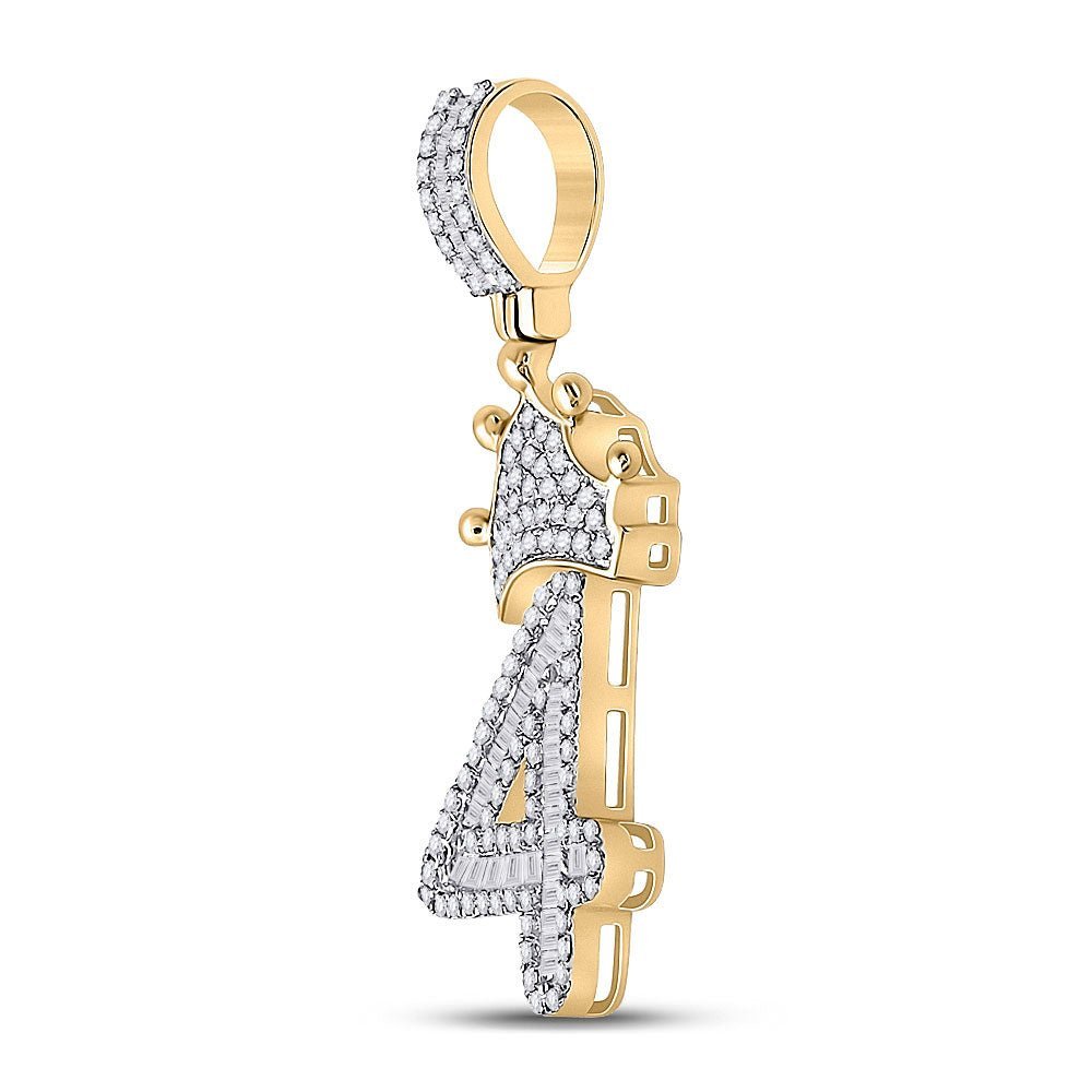 10kt Yellow Gold Baguette and Round Diamond Number 4 Crown Charm Pendant for Men - 3/4 Cttw - Splendid Jewellery