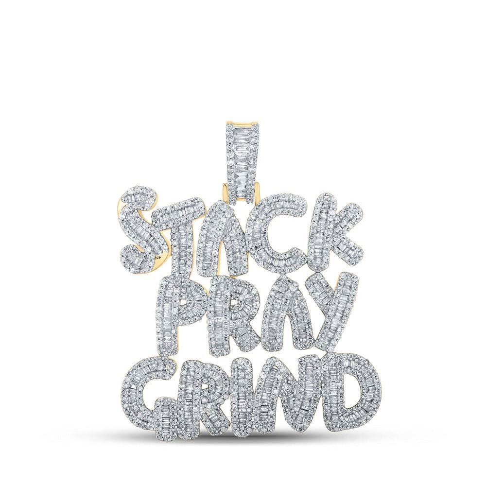 10kt Yellow Gold Baguette and Round Diamond Stack Pray Grind Charm Pendant - 3 Cttw - Splendid Jewellery