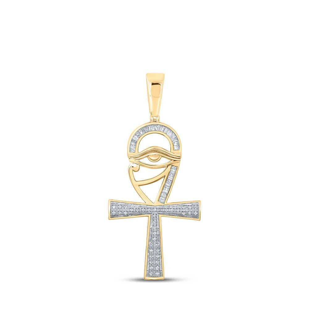 10kt Yellow Gold Baguette Diamond Ankh Eye Cross Pendant - Masculine Elegance at its Finest - Splendid Jewellery