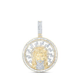 10kt Yellow Gold Baguette Diamond Jesus Medallion Circle Charm Pendant - 2 - 3/4 Cttw - Splendid Jewellery