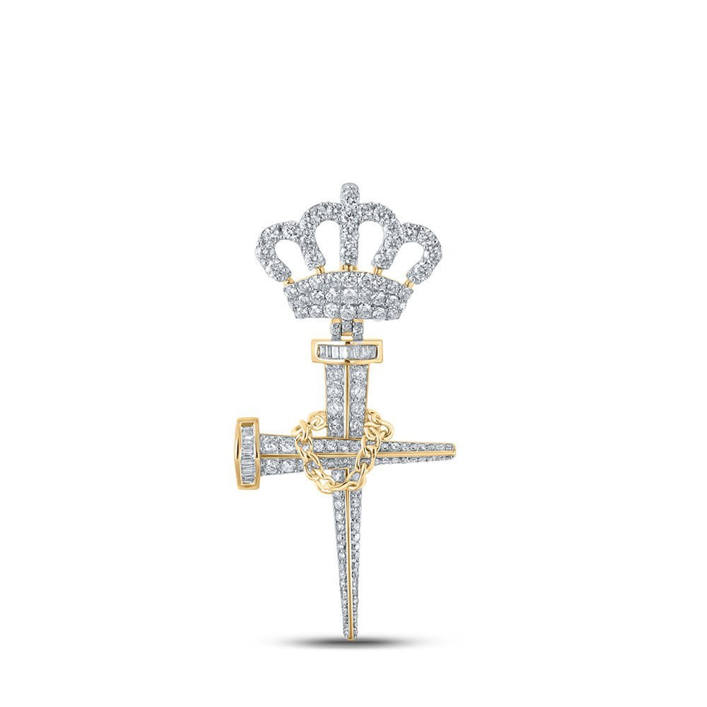 10kt Yellow Gold Baguette Diamond Nail Cross Crown Charm Pendant for Men - 3 Cttw - Splendid Jewellery