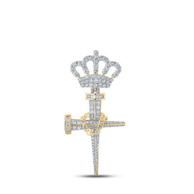 10kt Yellow Gold Baguette Diamond Nail Cross Crown Charm Pendant for Men - 3 Cttw - Splendid Jewellery