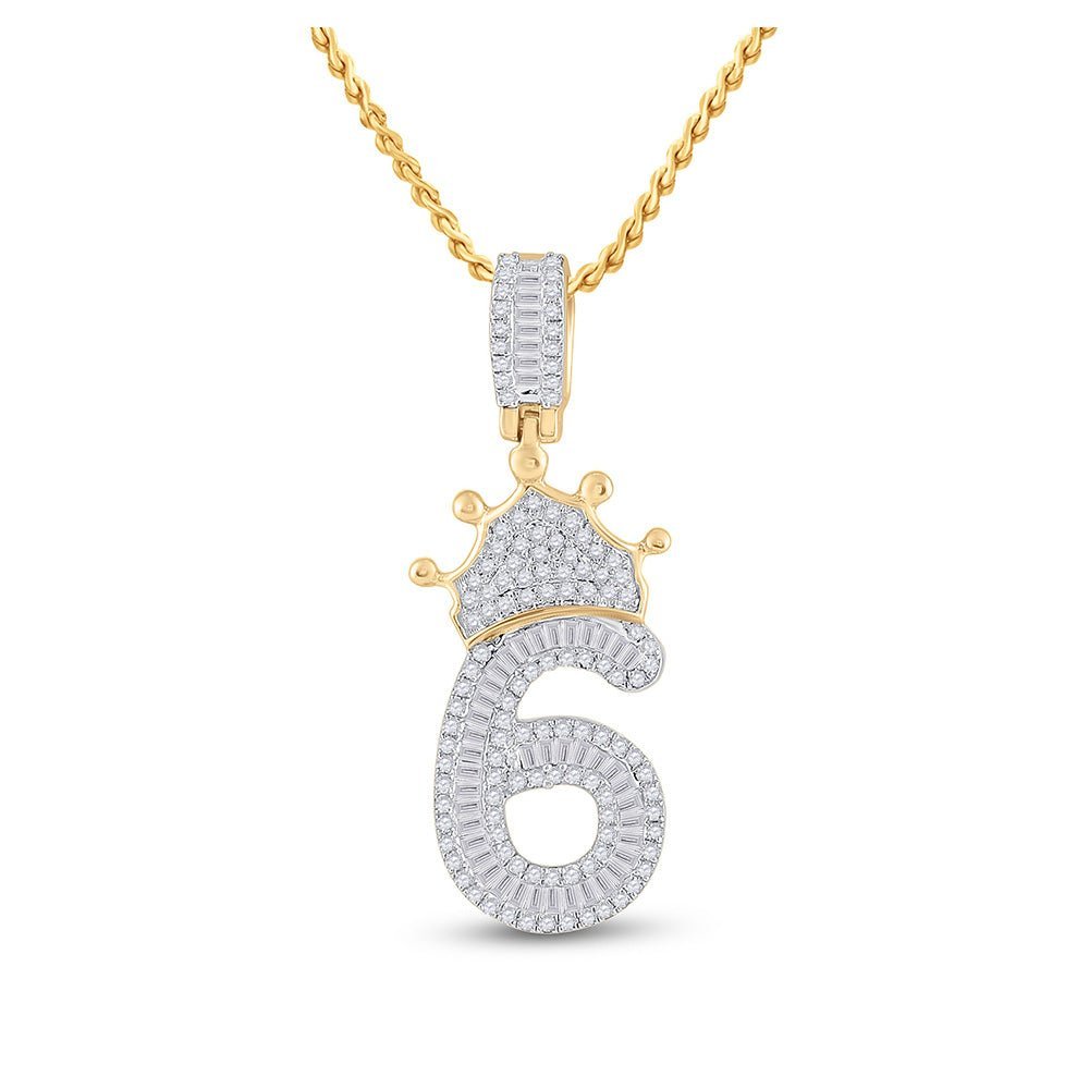 10kt Yellow Gold Baguette Diamond Number 6 Crown Charm Pendant for Men - 3/4 Cttw - Splendid Jewellery
