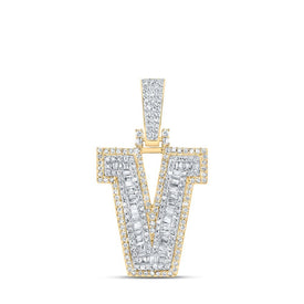 10kt Yellow Gold Baguette Diamond V Initial Charm Pendant for Men - 5/8 Cttw - Splendid Jewellery