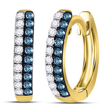 Load image into Gallery viewer, 10kt Yellow Gold Blue Diamond Huggie Earrings: A Radiant Touch of Elegance  Side View from Splendid Jewellery
