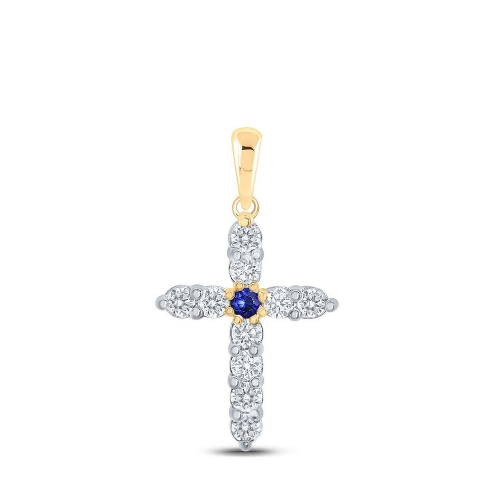 10kt Yellow Gold Gemstone Cross Pendant with Blue Sapphire and Diamonds - A Mesmerizing Symbol of Elegance and Faith - Splendid Jewellery