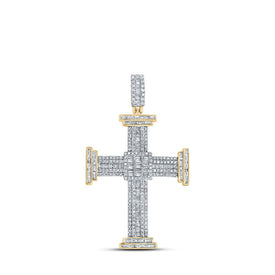 10kt Yellow Gold Men's Baguette and Round Diamond Cross Pendant - 1 - 7/8 Cttw - Splendid Jewellery