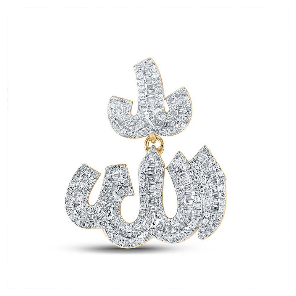 10kt Yellow Gold Mens Baguette Diamond Allah Islam Charm Pendant - 1 Cttw - Splendid Jewellery