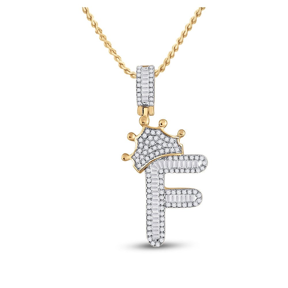 10kt Yellow Gold Men's Baguette Diamond Crown F Letter Charm Pendant 5/8 Cttw - Majestic King's Diamond Pendant - Splendid Jewellery