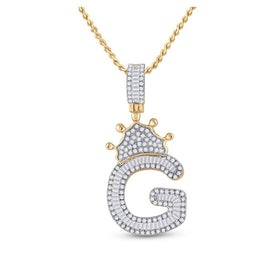 10kt Yellow Gold Men's Baguette Diamond Crown G Letter Charm Pendant - 3/4 Cttw - Splendid Jewellery