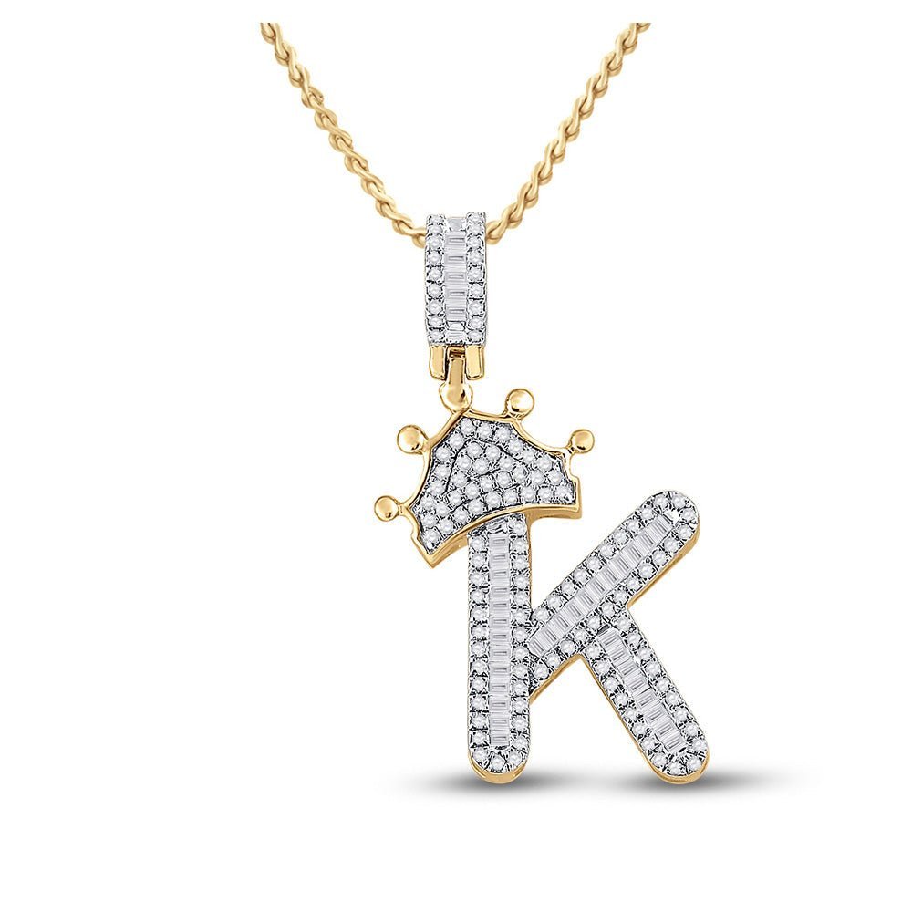 10kt Yellow Gold Men's Baguette Diamond Crown K Letter Charm Pendant 5/8 Cttw - Splendid Jewellery