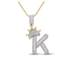 Load image into Gallery viewer, 10kt Yellow Gold Men's Baguette Diamond Crown K Letter Charm Pendant 5/8 Cttw - Splendid Jewellery