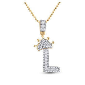 10kt Yellow Gold Men's Baguette Diamond Crown L Letter Charm Pendant 1/2 Cttw - Splendid Jewellery