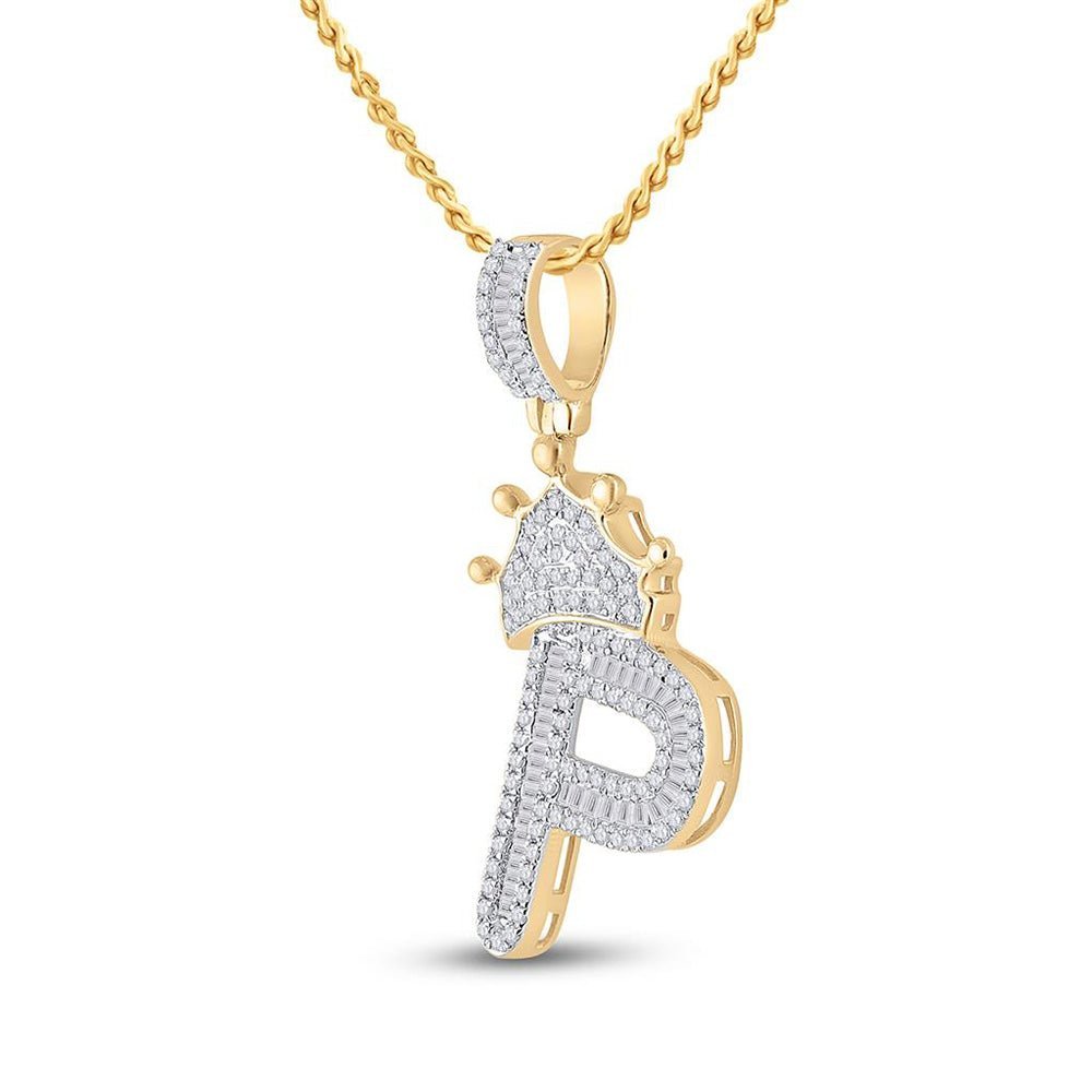 10kt Yellow Gold Men's Baguette Diamond Crown P Letter Charm Pendant - 5/8 Cttw - Splendid Jewellery