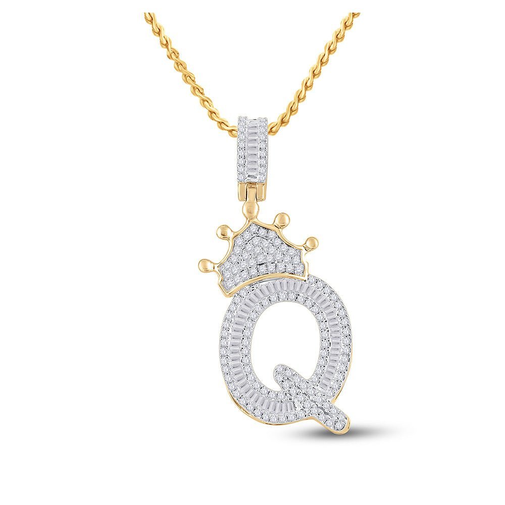 10kt Yellow Gold Men's Baguette Diamond Crown Q Letter Charm Pendant - 3/4 Cttw - Splendid Jewellery
