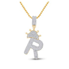 10kt Yellow Gold Men's Baguette Diamond Crown R Letter Charm Pendant 3/4 Cttw - A Majestic Statement Piece - Splendid Jewellery