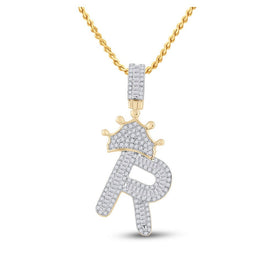 10kt Yellow Gold Men's Baguette Diamond Crown R Letter Charm Pendant 3/4 Cttw - A Majestic Statement Piece - Splendid Jewellery