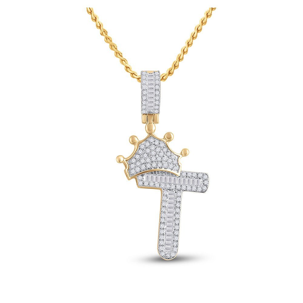 10kt Yellow Gold Men's Baguette Diamond Crown T Letter Charm Pendant - 1/2 Cttw - Splendid Jewellery