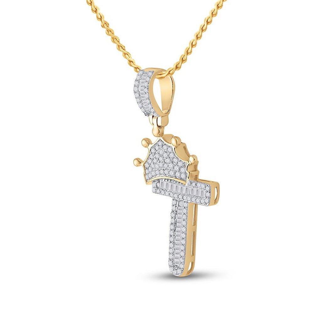 10kt Yellow Gold Men's Baguette Diamond Crown T Letter Charm Pendant - 1/2 Cttw - Splendid Jewellery