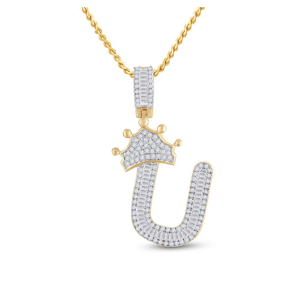 10kt Yellow Gold Men's Baguette Diamond Crown U Letter Charm Pendant 5/8 Cttw - Splendid Jewellery