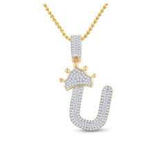 Load image into Gallery viewer, 10kt Yellow Gold Men's Baguette Diamond Crown U Letter Charm Pendant 5/8 Cttw - Splendid Jewellery