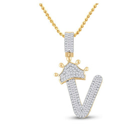 10kt Yellow Gold Men's Baguette Diamond Crown V Letter Charm Pendant - 5/8 Cttw | Splendid Jewellery - Splendid Jewellery