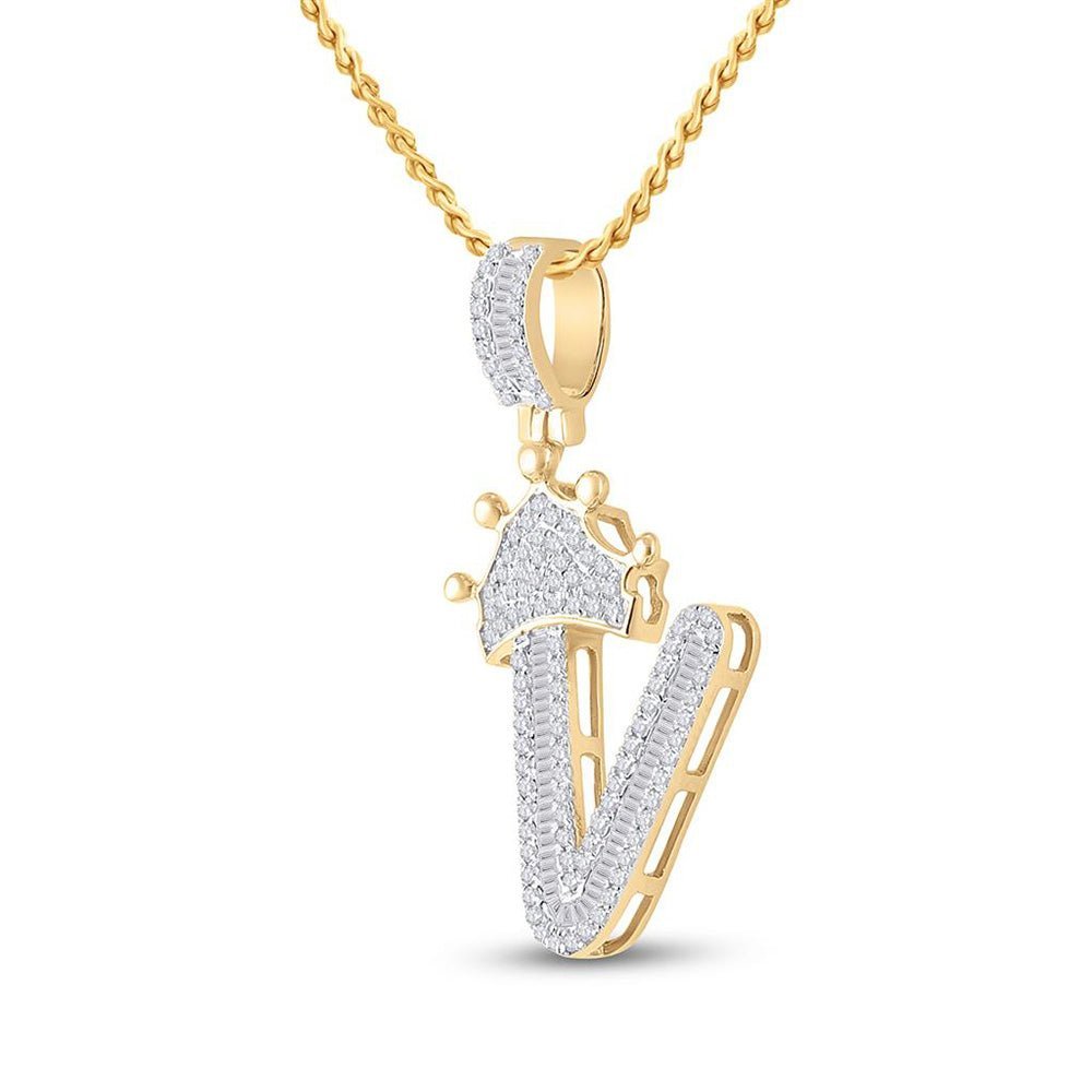 10kt Yellow Gold Men's Baguette Diamond Crown V Letter Charm Pendant - 5/8 Cttw | Splendid Jewellery - Splendid Jewellery