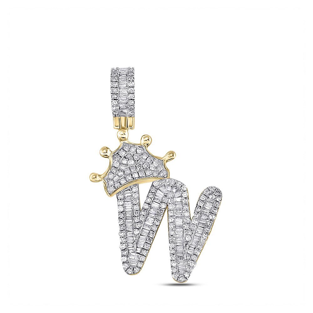 10kt Yellow Gold Men's Baguette Diamond Crown W Letter Charm Pendant - 7/8 Cttw - Splendid Jewellery