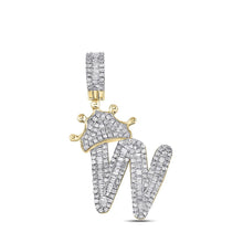 Load image into Gallery viewer, 10kt Yellow Gold Men's Baguette Diamond Crown W Letter Charm Pendant - 7/8 Cttw - Splendid Jewellery