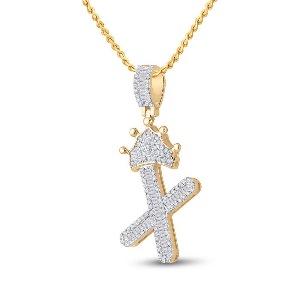10kt Yellow Gold Men's Baguette Diamond Crown X Letter Charm Pendant - 5/8 Cttw - Splendid Jewellery