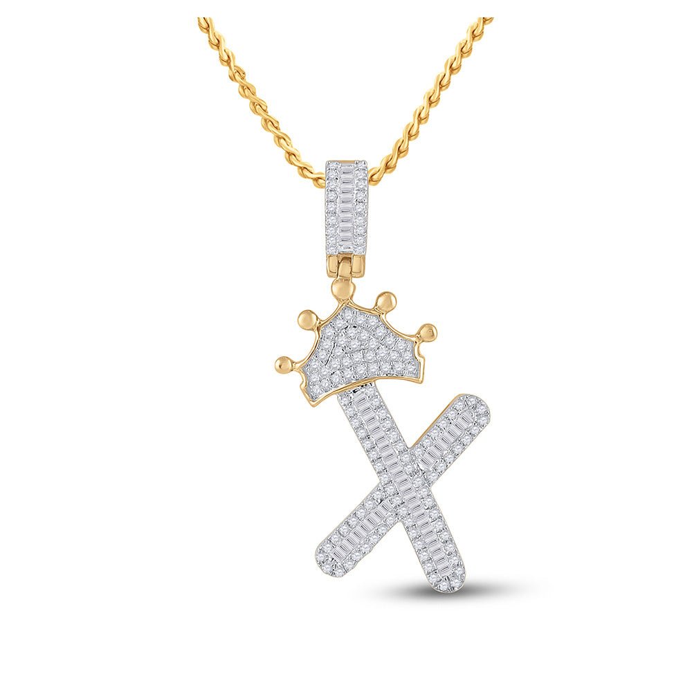 10kt Yellow Gold Men's Baguette Diamond Crown X Letter Charm Pendant - 5/8 Cttw - Splendid Jewellery