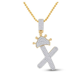 10kt Yellow Gold Men's Baguette Diamond Crown X Letter Charm Pendant - 5/8 Cttw - Splendid Jewellery