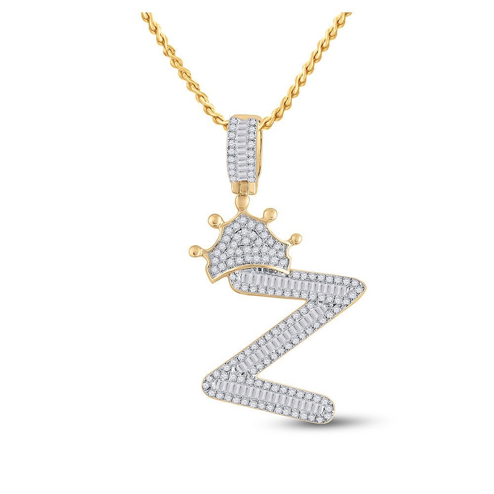 10kt Yellow Gold Men's Baguette Diamond Crown Z Letter Charm Pendant 3/4 Cttw - Exquisite Masculine Elegance - Splendid Jewellery