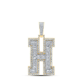 10kt Yellow Gold Men's Baguette Diamond H Initial Letter Charm Pendant - 3 Cttw - Splendid Jewellery