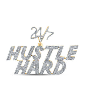 10kt Yellow Gold Men's Baguette Diamond Hustle Hard 24/7 Charm Pendant - 2 - 5/8 Cttw - Splendid Jewellery