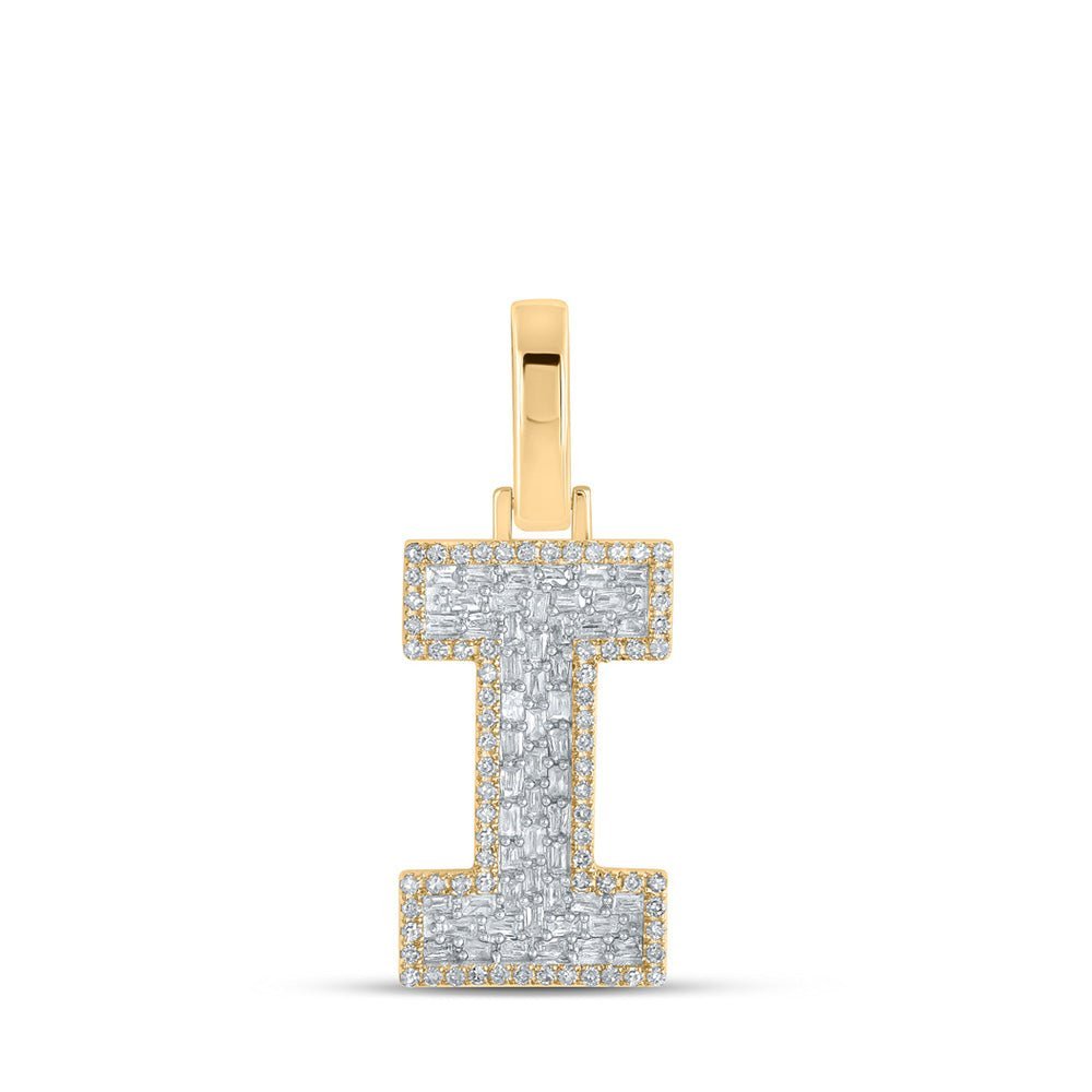 10kt Yellow Gold Mens Baguette Diamond I Initial Letter Charm Pendant 3/8 Cttw - Splendid Jewellery