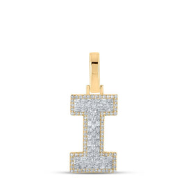 10kt Yellow Gold Mens Baguette Diamond I Initial Letter Charm Pendant 3/8 Cttw - Splendid Jewellery