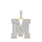 10kt Yellow Gold Mens Baguette Diamond M Initial Letter Charm Pendant 4 - 3/8 Cttw - Splendid Jewellery