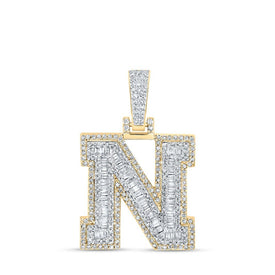10kt Yellow Gold Mens Baguette Diamond N Initial Letter Charm Pendant 3/4 Cttw - Splendid Jewellery