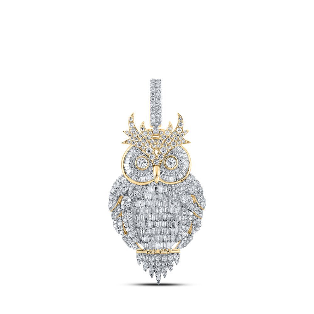 10kt Yellow Gold Men's Baguette Diamond Owl Bird Charm Pendant - 3 - 7/8 Cttw - Splendid Jewellery