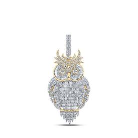 10kt Yellow Gold Men's Baguette Diamond Owl Bird Charm Pendant - 3 - 7/8 Cttw - Splendid Jewellery