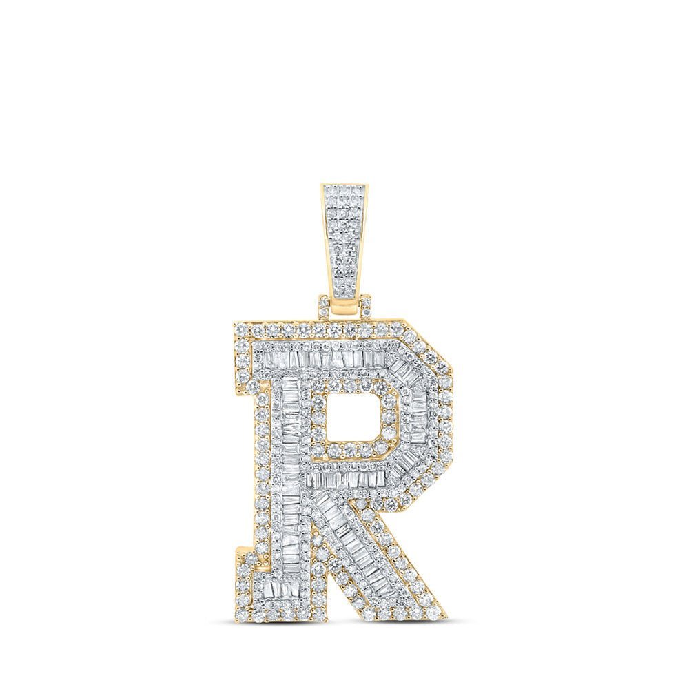 10kt Yellow Gold Men's Baguette Diamond R Initial Letter Charm Pendant - 3 - 1/5 Cttw - Splendid Jewellery